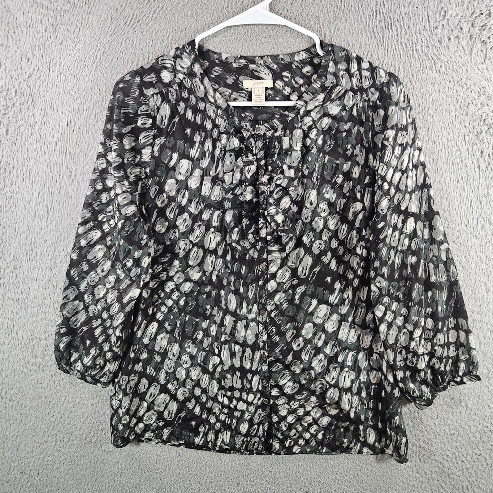 J.Crew Womens 4 Silk Cotton Blend‎ Ruffle Blouse Black Grey Abstract Print
